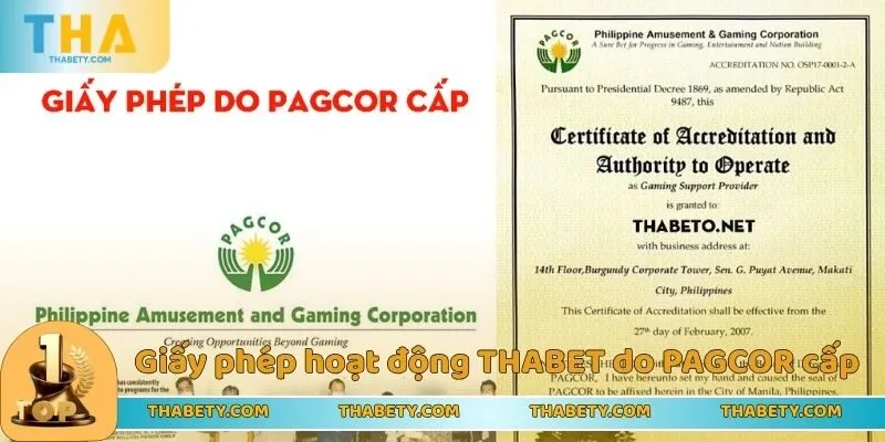 Giấy phép hoạt động THABET do PAGCOR cấp